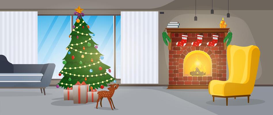 New Year. A room with a fireplace, a Christmas tree and gifts. Vector.