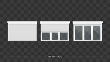 conjunto vectorial realista de rodillos de puertas o ventanas cerrados y abiertos. puerta de cristal o ventana alta con persianas enrollables. persianas metalicas blancas. vector