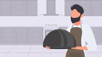 A man holds a metal dish with a lid. The guy in the kitchen apron is a tray. Good for banners and articles on the culinary theme. Vector.