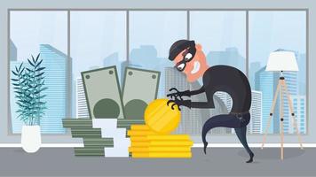 The robber steals money. The criminal steals gold coins. Robbery and finance security concept. Flat style, vector. vector