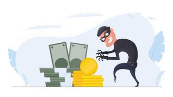 The robber steals money. The criminal steals gold coins. Robbery and finance security concept. Flat style, . vector