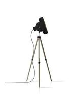 Decorative floor lamp tripod. Original model with black metal lampshade and wooden legs. Vector. vector