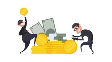 Two robbers steal gold coins. Two thieves steal money. A mountain of gold coins, bundles of money, dollars. Robbery and security concept. Vector. vector