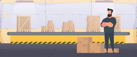 Large industrial warehouse with boxes. A man stands with a large wooden box. Large pallet. Delivery and transportation concept. . vector