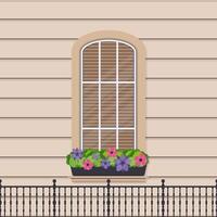 Semicircular window with flowers in a flat style. Window with shutters. . vector