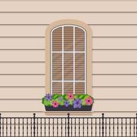 Semicircular window with flowers in a flat style. Window with shutters. Vector. vector