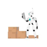 A robot with a tablet checks the goods. Robot with cardboard boxes. The concept of deliver and industry of the future. Isolated. . vector