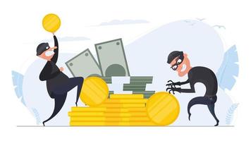 Two robbers steal gold coins. Two thieves steal money. A mountain of gold coins, bundles of money, dollars. Robbery and security concept. Vector. vector