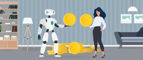 The robot gives a gold coin to the girl. The robot brings profit to the business. Vector. vector