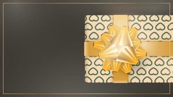 Chocolate background with realistic champagne color gift box, gold ribbons and bow. Background with space for text. View from above. illustration. vector