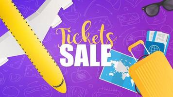 Tickets sale poster. Contrast air ticket sale banner. Tickets, passport, world map, travel suitcase, airplane top view. Vector illustration.