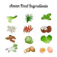 el paquete de ingredientes alimentarios de la asean incluye verduras y carne en un diseño de dibujos animados degradados vector