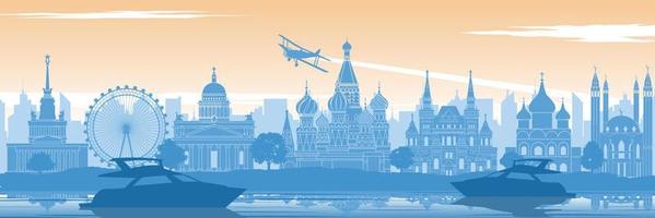 Russia famous landmark in back of river and yacht in scenery style silhouette design in blue and orange yellow color vector