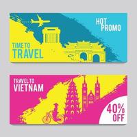 banner de promoción brillante y colorido con color rosa y azul para viajes a vietnam, diseño de arte de silueta vector