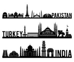 estilo de silueta de punto de referencia famoso de pakistán, turquía, india con diseño de color clásico en blanco y negro incluido por nombre de país vector