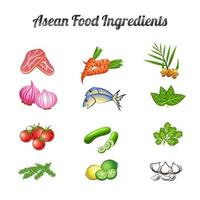 el paquete de ingredientes alimentarios de la asean incluye verduras y carne en un diseño de dibujos animados degradados vector