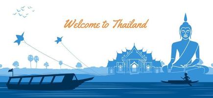 Buddha Thai temple with a rowing boat around with  nature in countryside of east lifestyle vector