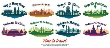 bundle of famous landmark of the Asia with silhouette style on float island,travel and tourism vector