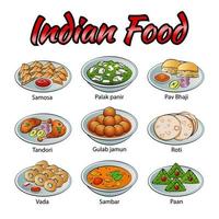 conjunto de comida deliciosa y famosa de la India en un colorido icono de diseño degradado vector