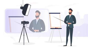 A man in a business suit with a tie is giving a presentation to the camera. The teacher is writing a lesson. The concept of blogging, online training and conferences. Camera on a tripod, softbox. vector