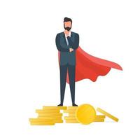 A businessman is standing on a mountain of coins. Business profitability concept. Businessman stands on a mountain of gold coins. Isolated. Vector. vector