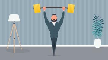 Businessman raises the barbell with gold coins. A man in a suit with a barbell. The concept of a successful business and revenue growth. Vector. vector