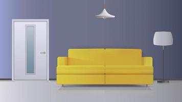 ilustración vectorial de un interior. sofá amarillo, puerta blanca, lámpara de pie con pantalla blanca, lámpara de techo blanca. interior vectorial realista. vector