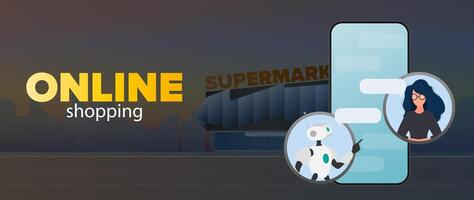 Online shopping banner. A robot in dialogue with a girl. Suitable for apps, sites and topics related to automatic replies and artificial intelligence. . vector