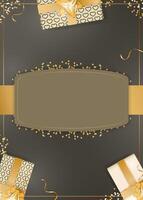 Chocolate background with realistic champagne color gift boxes, gold ribbons and bow. Background with space for text. Vector illustration.