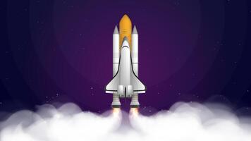 Purple banner on the theme of the cosmos of the cosmos. Space shuttle. Fighter. The booster takes off. Place under your text. . vector