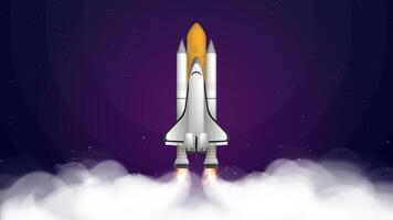 Purple banner on the theme of the cosmos of the cosmos. Space shuttle. Fighter. The booster takes off. Place under your text. Vector. vector