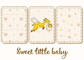 Set of 3 patterns and lettering. A postcard for a newborn. Funny flying giraffe. Hello Baby. Congratulations on the birth of a child. Birth certificate. Hello world. vector