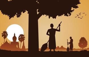 Monk clean temple area that is a routine of priest on sunset time under the tree in silhouette design vector