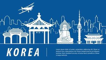 Korea famous landmark silhouette with blue and white color design vector