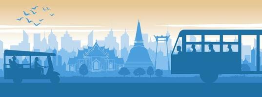 Thailand famous landmark in scenery lifestyle design with blue and orange yellow color in silhouette design vector