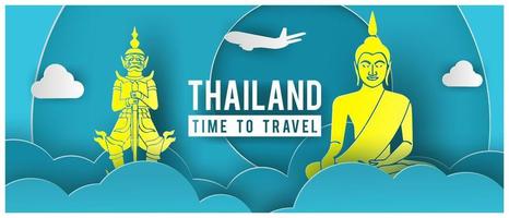 Travel promo banner with special price text and Thailand famous landmarks in paper art design vector