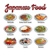 conjunto de deliciosa y famosa comida japonesa en un colorido icono de diseño degradado vector