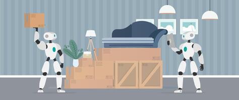 Moving home banner. Moving to a new place. A white robot holds a box. Carton boxes. The concept of the future, delivery and loading of goods using robots. Vector. vector