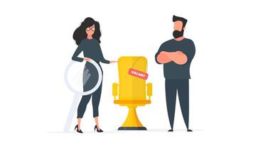 The girl shows in an empty space. Gold office chair. Open work concept. Suitable for registration on the topic of job search and workers. Vector. vector