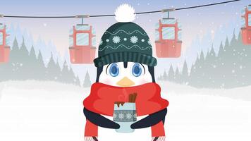 A little cute penguin in a winter hat and a scarf holds a hot drink in his hands. Cable car with trailers in the winter forest. Funicular carriage. Vector illustration.