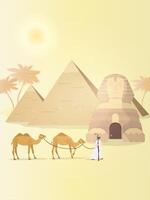 A shepherd leads camels through the desert. Egyptian pyramids, sphinx. Vector. vector