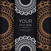 Dark black gold postcard template with white abstract ornament. Elegant and classic vector elements ready for print and typography.