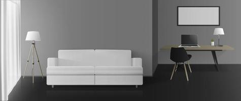 Modern room with gray walls, a work area and a seating area. Sofa, table, chair, floor lamp, laptop. Vector. vector