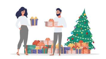A guy and a girl give each other gifts for the new year. Christmas tree, gifts, family. Holiday concept. Vector.