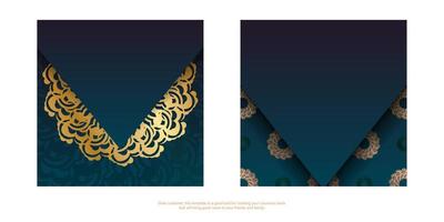 Plantilla de folleto con color azul degradado con patrón dorado abstracto para tus felicitaciones. vector