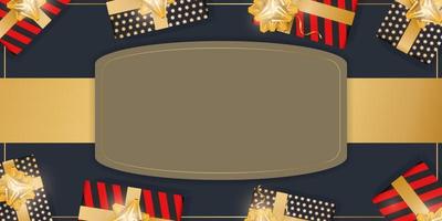Festive background with gifts and place for text. Realistic gift boxes with gold ribbons and bow. View from above. Vector