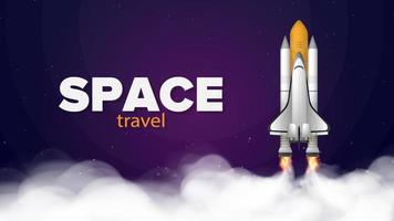espacio de viaje. pancarta morada sobre el tema del vuelo espacial. transbordador espacial. combatiente. portacohetes está despegando. vector.