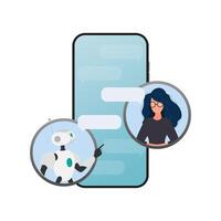 Chat icon. A robot in dialogue with a girl. Suitable for apps, sites and topics related to automatic replies and artificial intelligence. Vector. vector