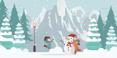 Children sculpt a snowman in a snowy forest with trees and mountains. Vector. vector