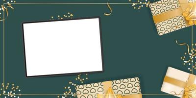 A tablet with a white screen lies on a Green background with gifts. Ready poster or banner. Vector illustration.